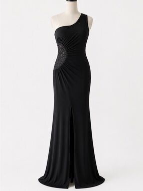 Selectives Black One-Shoulder Evening Gown with Side Crystal Detail